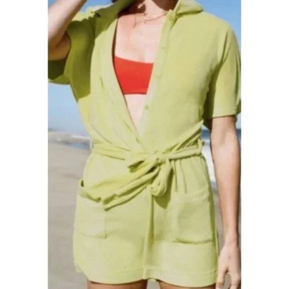 Andie Terry The Button Up Romper Tie Waist Green Yellow NWT Size Large Summer